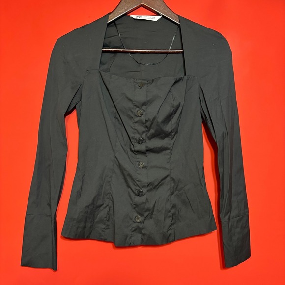 Zara XS Black Long Sleeve Square Neck Button Up Fitted Peplum Top Blouse - Picture 1 of 6